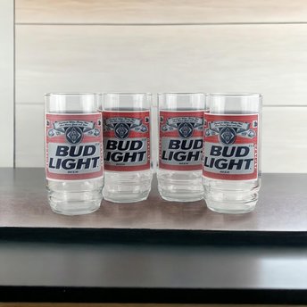 Vintage Bud Light Beer Glasses, Set of 4,  Classic Red Label,  Barware,  Man Cave Decor,  Collectible Glasses