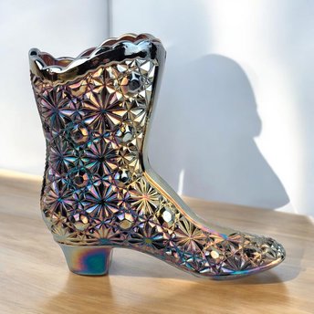 Fenton Iridescent Carnival Glass Daisy and Button Boot | 4" Tall | Vintage Glassware | Home Decor | Collectible Glass | Fenton Art Glass