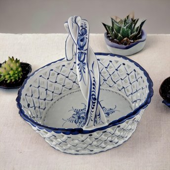 Vintage Hand Painted Blue & White Porcelain Basket, Lattice Design, Made in Portugal, Floral Decor, Kitchen Decor
