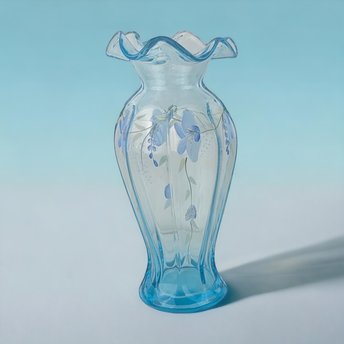 Vintage Fenton Aqua Blue Ruffled Vase, Hand Painted Floral, Victorian Style,  Art Glass, Home Decor, Wedding Gift,  9" Tall