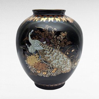 Vintage Japanese Black Porcelain Vase with Peacock | Gold Accents | Floral Design | 7.25 Inches