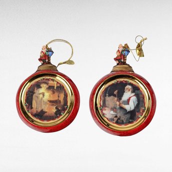 Pair Vintage 1999 Bradford Exchange Norman Rockwell Porcelain Christmas Ornaments, "Is He Coming Yet?" & Santa's Workshop, 4 1/4 Inches