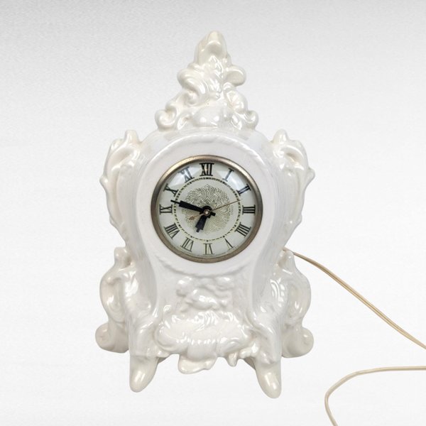 Vintage Lanshire Ceramic Electric Clock, Cream-Colored, Ornate, 11" Tall, Working Condition