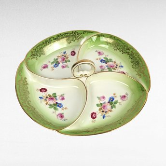 Vintage Tirschenreuth Bavaria Serving Tray | 4-Part Divided Dish | Green with Gold and Floral Décor | 10 3/4 Inch