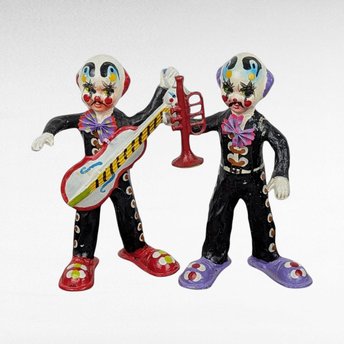 Vintage Mexican Paper Mache Clown Figurines, Musician Clowns, Folk Art, Day of the Dead Decor, Pair of Clowns