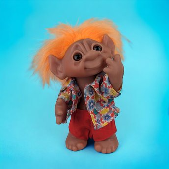 Vintage 1977 Thomas Damm Troll Doll in Hawaiian Shirt - Collectible Toy Figure