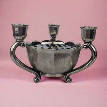 Pair of Vintage Italian Silver Tone Flower Bowl Candle Holder Centerpiece with Flower Frog