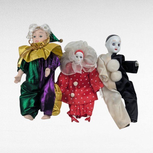 Vintage Porcelain Clown Dolls, Set of 3, Small Harlequin Dolls, Pierrot Clown, Sad Clown, Collectible Dolls, Circus Decor