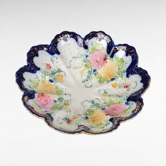Vintage Hand-Painted Porcelain Bowl, Scalloped Floral Bowl, Cobalt Blue and Gold Trim, Decorative Bowl, Candy Dish