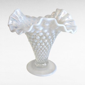 Vintage Fenton Moonstone Hobnail Vase | Opalescent Milk Glass | Ruffled Vase | Vintage Glassware | 5.5 Inches