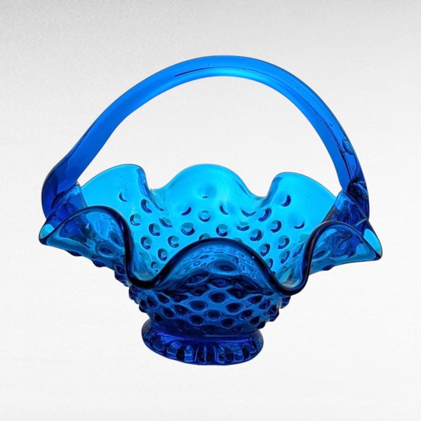 Fenton Blue Hobnail Glass Basket | Vintage Candy Dish | Ruffled Edge | Collectible Glassware