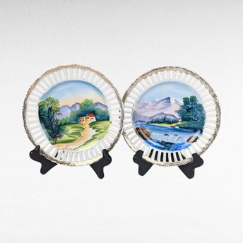 Pair of Kimiko Hand-Painted Reticulated Plates | Landscape Scenes | 7 Inch | Vintage Decor