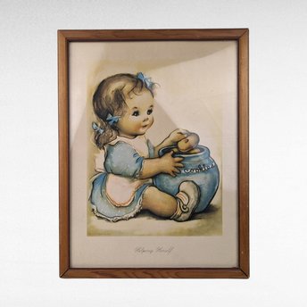 Vintage Herbert Dubler "Helping Herself" Framed Print | Girl with Cookie Jar Art | Children's Room Decor | Wall Decor | Retro Art