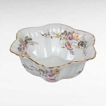 Vintage German Porcelain Serving Bowl, Floral Design, Gold Rim, 8 Inches Wide, White with Pink and Yellow Roses