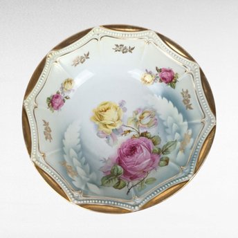 P.K. Silesia Porcelain Bowl | Floral Decor | Gold Trim | Serving Bowl | 9 3/4 Inch Wide