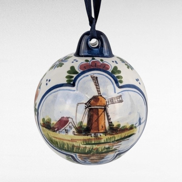 Vintage Ceramic Windmill Christmas Ornament | Dutch Windmill | Hand-Painted | Holland | Blue and White