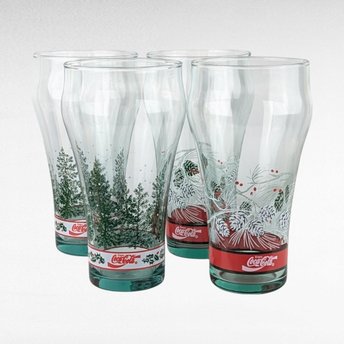 Set of 4 Coca-Cola Christmas Glasses - Pine Cone and Tree Design - Vintage Holiday Decor - Collectible Coke Glasses