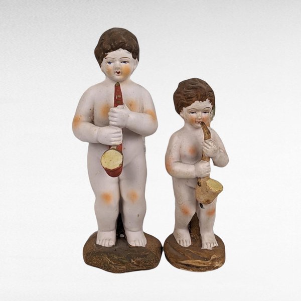 Pair of Vintage Ceramic Cherubs Playing Instrument Figurines, Occupied Japan.