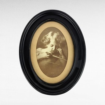 Vintage Cupid Asleep Framed Print by M.B. Parkinson - Romantic Wall Decor - Cherub Art - Oval Frame