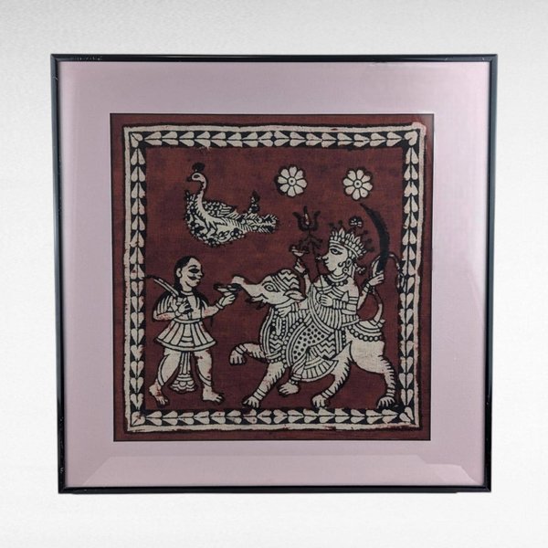 Vintage Framed Painting | Indian Folk Art | Hindu Deities | Textile Art | Wall Decor | Elephant & Peacock | 15.5"