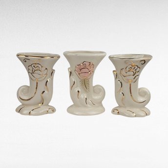 Vintage Cornucopia Bud Vases - Cream Ceramic with Pink Roses & Gold - Set of 3