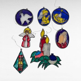 Vintage Religious Christmas Ornaments, Handpainted Stained Glass Look, Set of 8, Angel, Dove, Candle, Gift for Christian