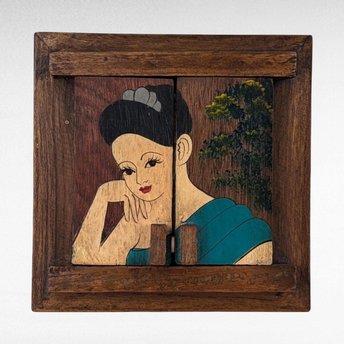 Vintage Hand Painted Wooden Wall Hanging with Mirror - Small Decorative Mirror, Folk Art Decor, Gift for Home