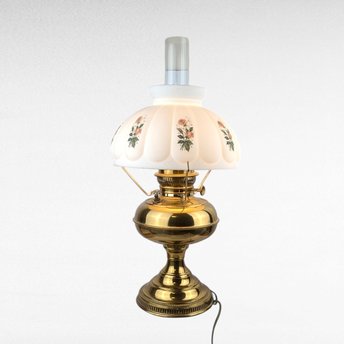 Antique Brass Hurricane Lamp, 21" Electric Lamp, Converted Oil Lamp, Vintage Home Decor, Victorian Lighting, Floral Shade
