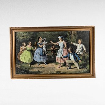 Vintage Framed Blind Man's Bluff Currier and Ives Print, 19th Century Art, American History, Game Room Decor, Gift for Collector