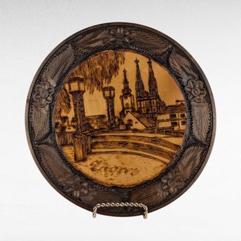Vintage Carved Wood Burned Romanian Plate, Zagreb Cityscape Wall Decor, Romanian Folk Art, Gift for Collector, Ethnic Decor, 10.25 Inches
