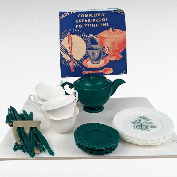 Vintage Polyethylene Child's Tea Set, Green and White, 1950s Play Dishes, Unbreakable, Retro Toy