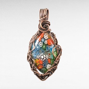 Copper Wire Wrapped Millefiori Pendant. Handmade.