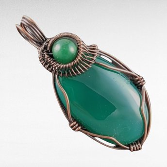 Copper Wire Wrapped Green Onyx Pendant. Handmade.