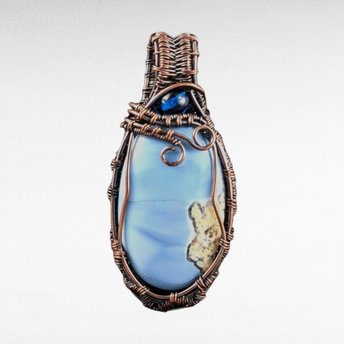 Handmade Copper Wire Wrapped Blue Opal Pendant