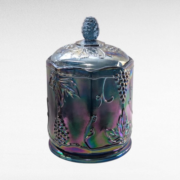 Vintage Indiana Glass Harvest Grape Carnival Glass Lidded Candy Dish, Iridescent Blue Glass,  Collectible Glassware