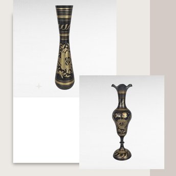 Vintage Brass Vases from India, Black and Gold, Floral Etched, 11 3/4" Tall, Pair, Home Decor, Boho Chic