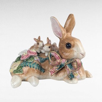 Vintage Fitz and Floyd Woodland Spring Rabbit Figure, 6.5" Height, Ceramic Bunny with Babies, Easter Decor, Gift for Collector