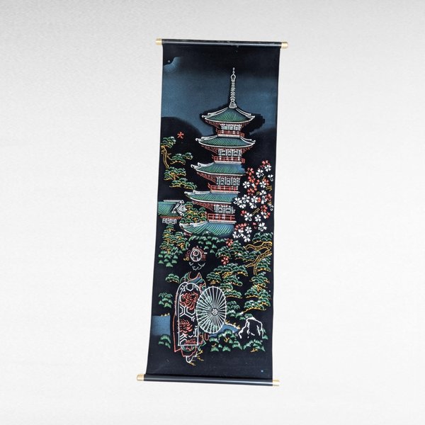 Vintage Painted Oriental Scroll on Velvety Material.