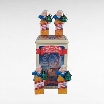 Vintage Cracker Jack Collectibles, 1993 100th Anniversary Tin & 1999 Ornaments, Nostalgic Candy Memorabilia, Gift for Collectors