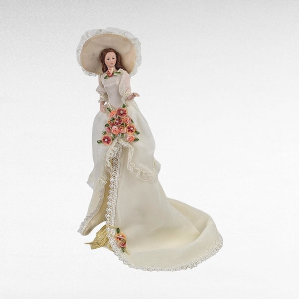Vintage Porcelain Victorian Tassel Doll, White Dress, Roses, Umbrella, Dresser Doll, Hat, Display Doll, Gift for Doll Collector