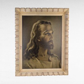 Vintage Sallman's Head of Christ Lithograph, Framed Religious Art, 19x15", Distressed Wood Frame, Gift for Christian, Home Decor