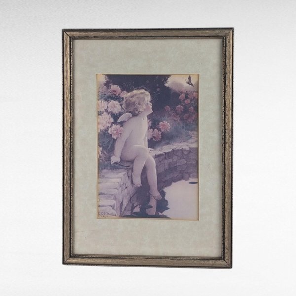 Vintage Framed Bessie Pease Gutmann Cherub and Butterfly Print.