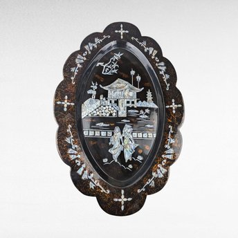 Vintage Black Lacquer Asian Shell Inlaid Wall Hanging, 23.5x16", Mother of Pearl Art, Oriental Decor, Gift for Asian Art Lovers