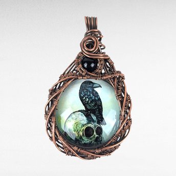 Copper Wire Wrapped Pendant with Raven and Skull | Unique Gothic Jewelry | Handmade Statement Necklace | Dark Aesthetic Accessory