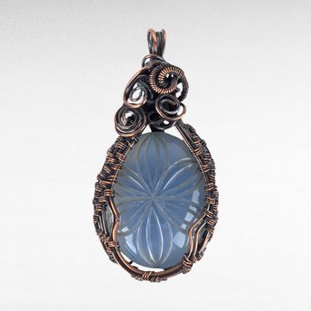 Copper Wire Wrapped Hand Carved Blue Onyx Pendant | Unique Artisan Jewelry | Natural Stone Necklace | Bohemian Style Gift for Her