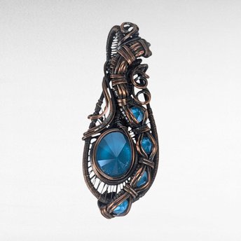 Copper Wire Wrapped Blue Rivoli Pendant | Handmade Crystal Jewelry | 2" Height | Unique Gift | No Chain