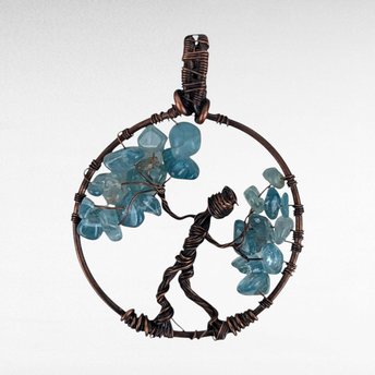 Copper Wire Figure and Tree with Glass Chips Pendant | Handcrafted Wire-Wrapped Jewelry | Unique Artistic Necklace Charm