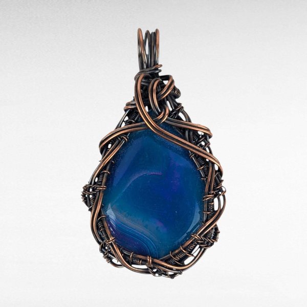 Handmade Copper Wire Wrapped Blue Agate Pendant | Unique Gift for Her | Oxidized Copper | Gemstone Pendant |  Artisan Jewelry