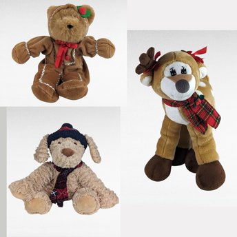 Vintage Christmas Plush Lot, Petting Zoo Reindeer, Gingerbread Teddy Bear, Plush Dog with Hat, Holiday Plush Toys, Collectible Plushies