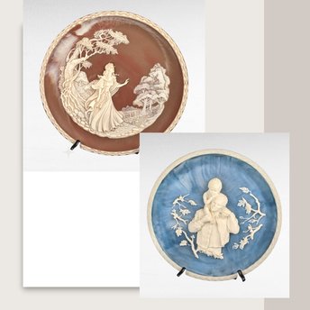 Vintage Incolay Stone Wall Plaques | Daddy & I | I Stood Tiptoe | 10 Inch Plates | Set of 2